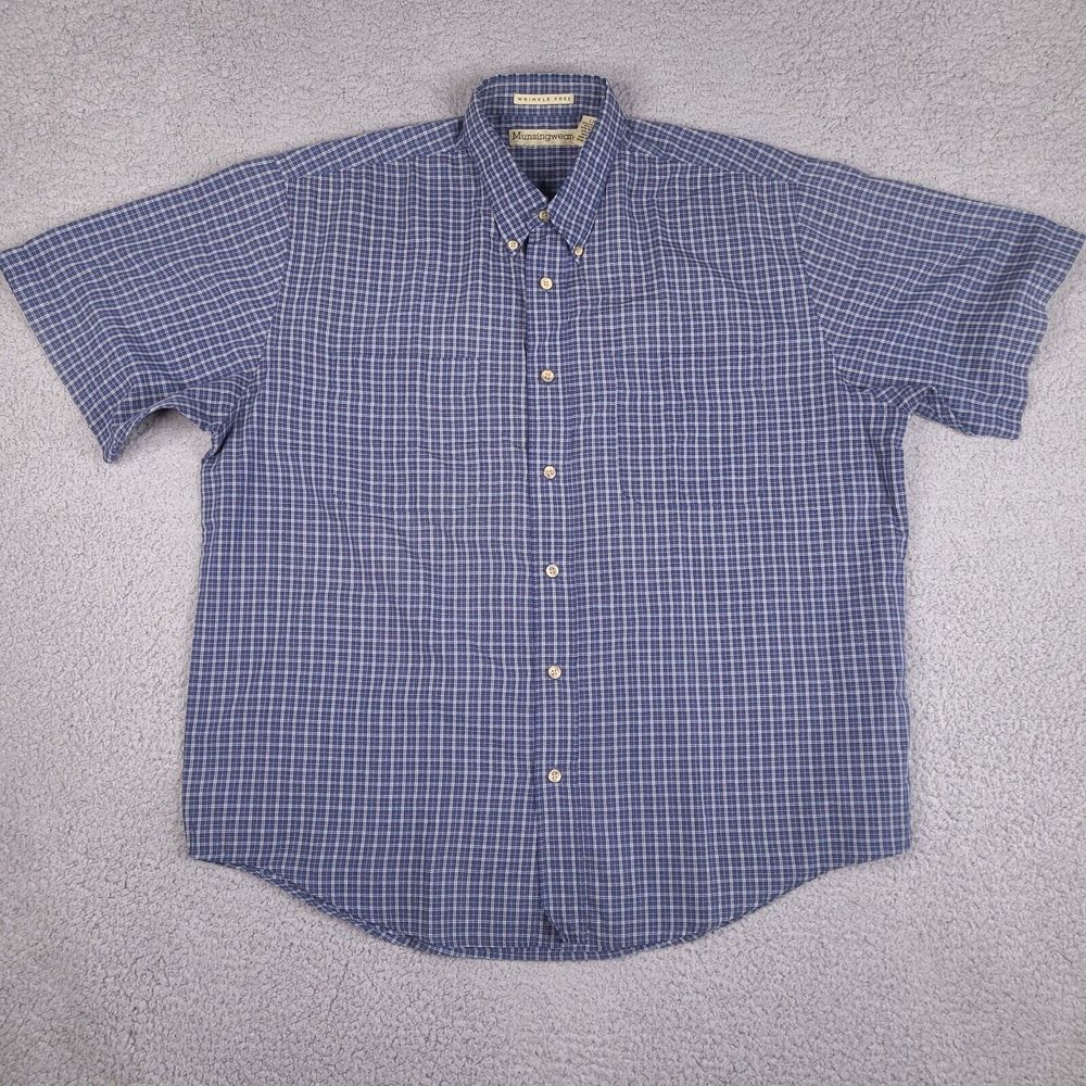 Munsingwear‎ Shirt Mens Large Blue Button Down Short Sleeve Plaid